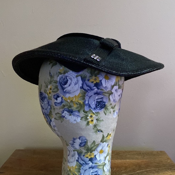 VTG 40’s Black Straw Fascinator Hat Velvet Bow Rhinestones - Picture 6 of 12